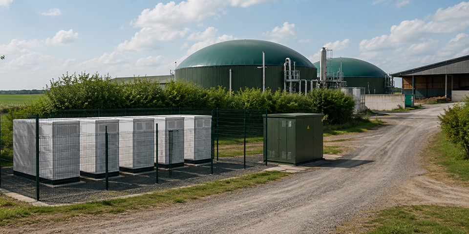 Industriefläche mit Batteriespeicher und Netzinfrastruktur