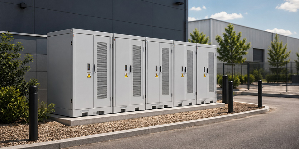 Geöffneter Batteriespeicher mit Batteriemodulen