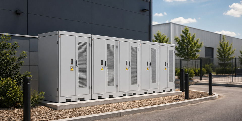 Batteriespeicher an einer Gewerbehalle