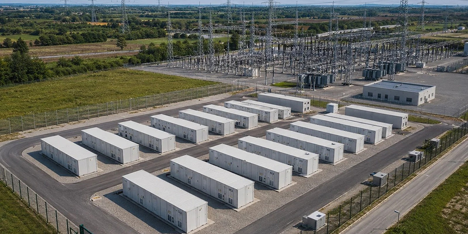 Batteriegroßspeicher neben einem Umspannwerk