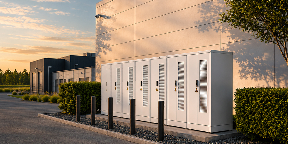 Batteriespeicher an einer Gewerbehalle