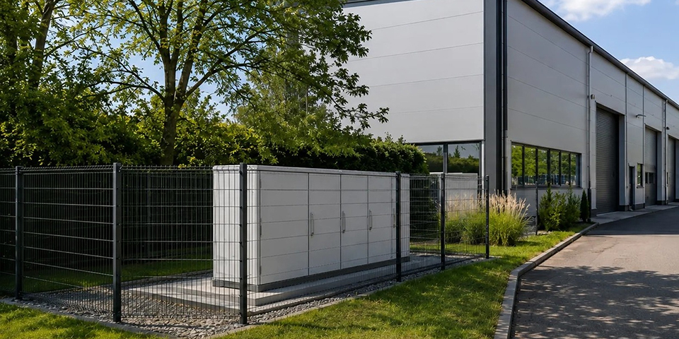Batteriespeicher an einer Gewerbehalle