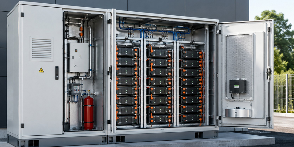 Geöffneter Batteriespeicher mit Batteriemodulen und Schutztechnik